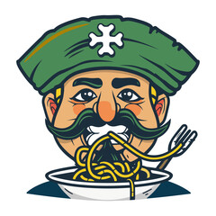Funny colorful pirate character eating noodles