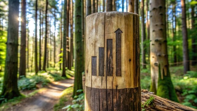 weathered wooden column with hand-carved graph and percentage markers, nestled in a serene forest, representing the harmony of nature and data