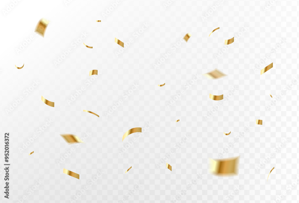 Wall mural confetti explosion on transparent background. pieces of shiny gold paper flying and spreading.colorf