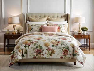 a photo image of a plush bed adorned with elegant floral design elements on a crisp white background with subtle sheen