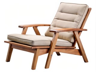 a photo image of a sturdy wooden lounge chair featuring an adjustable back, cushioned seat and arms, sturdy legs, and a soothing natural finish.