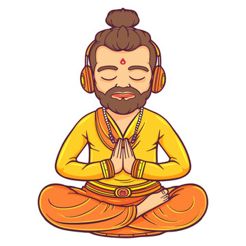 Indian pandit doing yoga with enjoying music, headphone on head