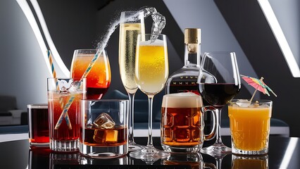 Set of different alcoholic drinks and cocktails - soda,cocktail,whiskey,wine,beer,champagne,juice