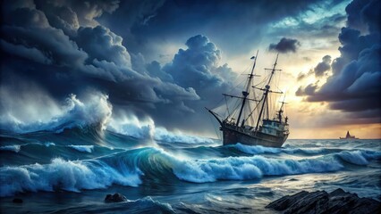 Obraz premium Dramatic Dark Blue Ocean Sea Stormy Weather High Waves Titanic Ship Wreckage Heroic Epic Cinematic Landscape Photography