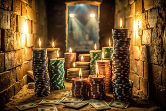 flickering candlelight illuminating stacks of cash and betting chips on makeshift tables in secret underground bunkers