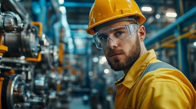 Industrial Expertise: A confident engineer in safety gear amidst a bustling factory setting.