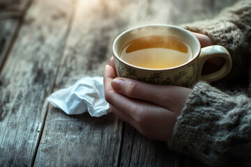 Close-up of a woman’s hands holding a steaming cup of tea, with a crumpled tissue on a wooden table, suggesting comfort during illness.
