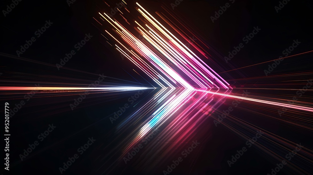 Poster a luminous arrow made of dynamic light streaks, with colors transitioning smoothly from one to anoth