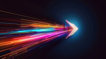 A luminous arrow made of dynamic light streaks, with colors transitioning smoothly from one to another, sharply directed towards the center, creating a powerful sense of forward motion against