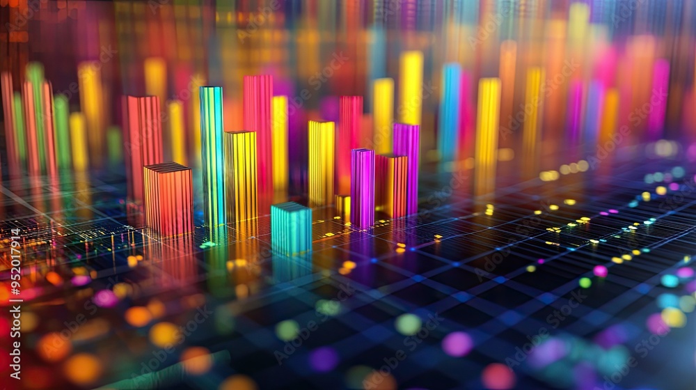 Poster a close-up of a 3d bar graph on a computer screen, with colorful bars rising from a grid and data po