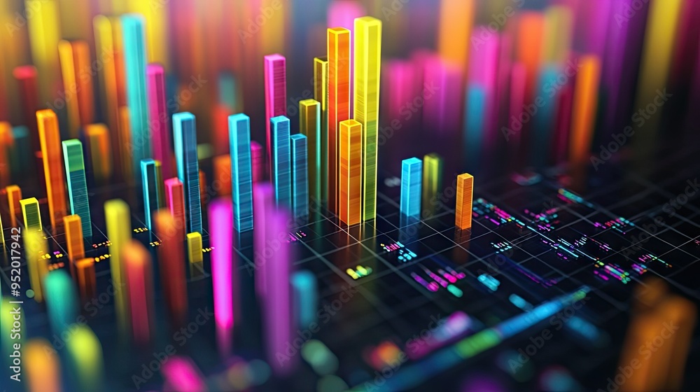 Poster a close-up of a 3d bar graph on a computer screen, with colorful bars rising from a grid and data po
