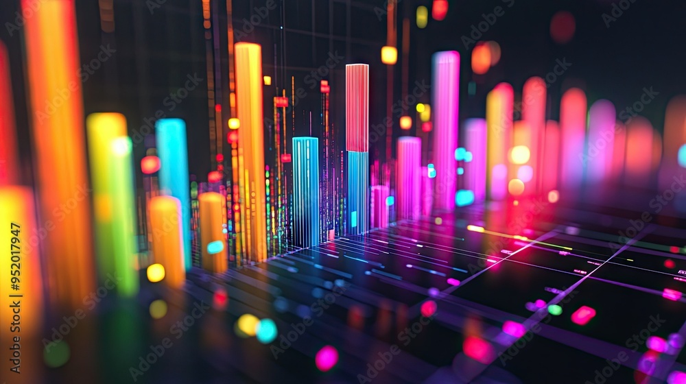 Poster a close-up of a 3d bar graph on a computer screen, with colorful bars rising from a grid and data po