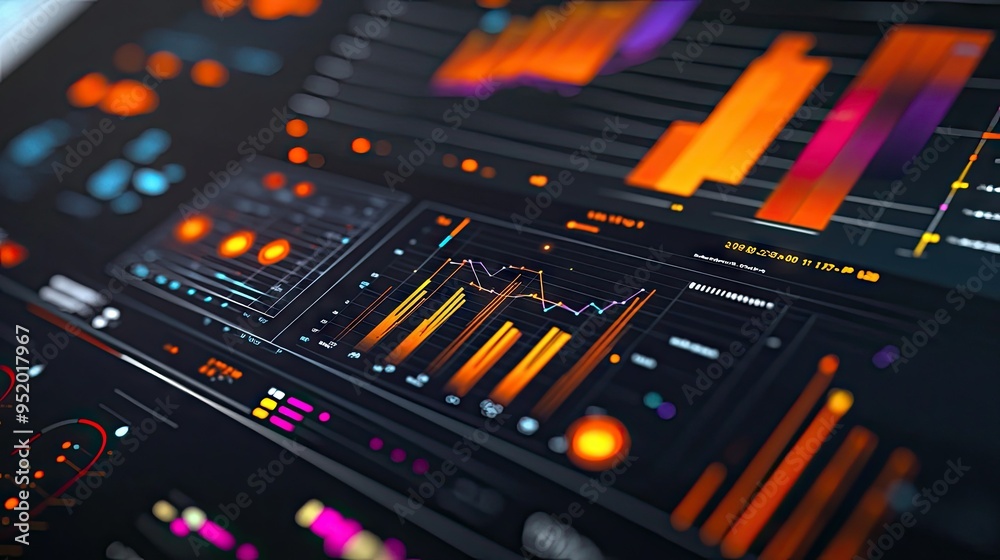 Poster a close-up of a 3d financial dashboard with multiple graphs and charts, including bar, line, and pie