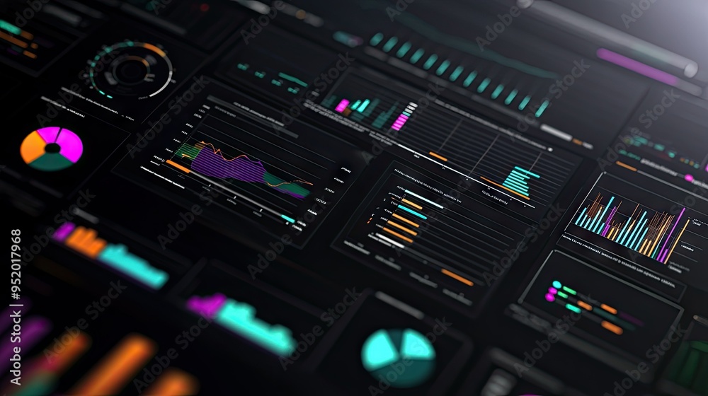 Poster a close-up of a 3d financial dashboard with multiple graphs and charts, including bar, line, and pie