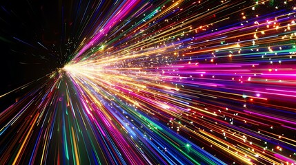 Obraz premium A vibrant arrow composed of multicolored light beams, radiating bright hues, curving gently as it points directly to the center of the image, set against a deep black background, capturing the