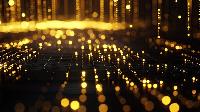 A close-up of a 3D gold scatter plot with golden data points floating above a grid, showcasing the distribution of investment values in a high-end, dynamic presentation.