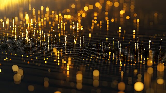 A close-up of a 3D gold scatter plot with golden data points floating above a grid, showcasing the distribution of investment values in a high-end, dynamic presentation.