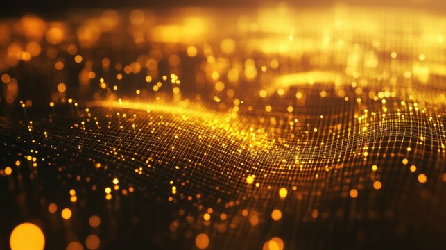 A close-up of a 3D gold scatter plot with golden data points floating above a grid, showcasing the distribution of investment values in a high-end, dynamic presentation.