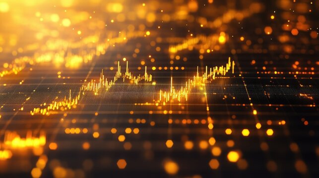 A close-up of a 3D gold scatter plot with golden data points floating above a grid, showcasing the distribution of investment values in a high-end, dynamic presentation.