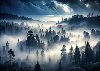 Poster Mistig bos low key moody monochrome somber mysterious foggy misty solitude wilderness quiet morning eerie haunting mystical lonely dramatic  © kittipon