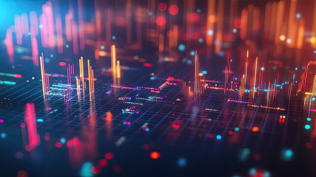 A close-up of a 3D scatter plot with data points floating above a grid, using various colors and sizes to represent different financial data sets and trends. -