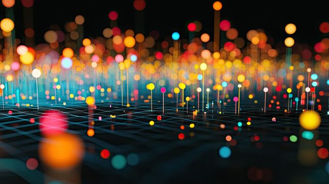 A close-up of a 3D scatter plot with data points floating above a grid, using different colors and sizes to represent various data metrics