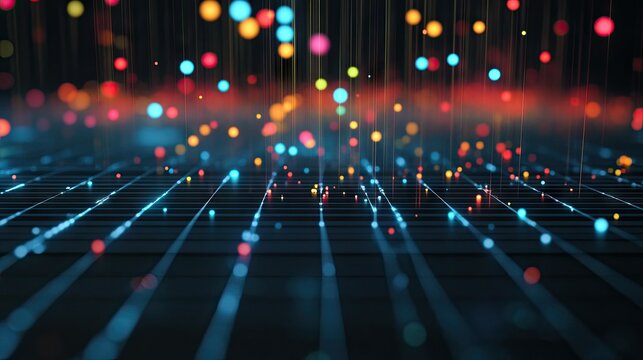 A close-up of a 3D scatter plot with data points floating above a grid, using different colors and sizes to represent various data metrics