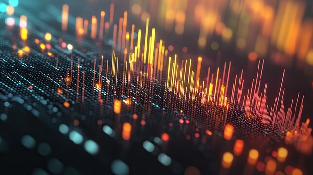 A close-up of a 3D scatter plot with data points floating above a grid, using various colors and sizes to represent different financial data sets and trends.