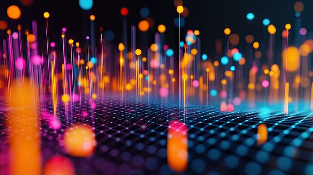 A close-up of a 3D scatter plot with data points floating above a grid, using different colors and sizes to represent various data metrics