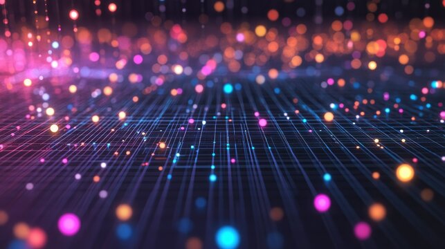 A close-up of a 3D scatter plot with data points floating above a grid, using different colors and sizes to represent various data metrics