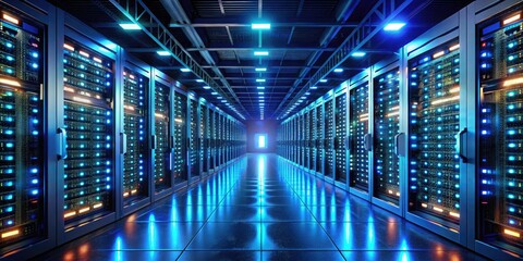 Fototapeta premium Glowing data center server room with rows of blinking machines, futuristic LED lights, and a dark atmosphere lit only by screen glows.