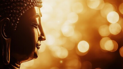 A close-up of a Buddha head silhouette with a soft, golden glow in the background, highlighting the...