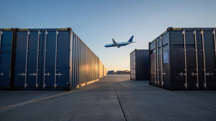 Fototapeta premium A row of freight containers lined up on the tarmac, with a cargo plane in the background, showcasing the logistics chain from storage to transportation