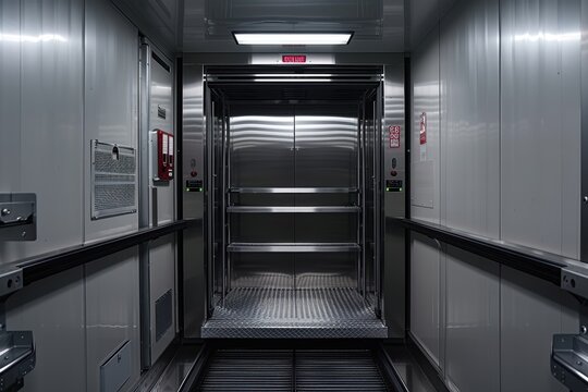 A well-lit, modern freight elevator with stainless steel doors and walls, equipped with control panels and safety features, designed for industrial use in a manufacturing or commercial setting