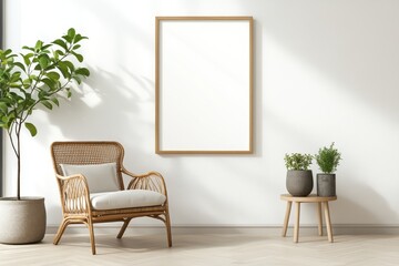 Warm and Inviting Garden Room Frame Mockup with Wicker Chair and Potted Plants