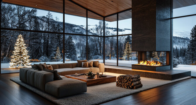 Lujoso sal&oacute;n de una casa de monta&ntilde;a, decorado con una hermosa chimenea abierta, mesa central, alfombra, le&ntilde;a, gran sof&aacute;, &aacute;rbol de navidad y ventanales con vistas a un bosque nevado 