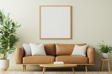 Modern Cozy Living Room Interior with Frame Mockup, Leather Sofa, Wooden Coffee Table, and Indoor Plants