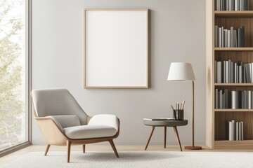 Cozy Reading Nook in Library with Frame Mockup, Reading Chair, and Lamp