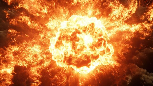 A close-up of a fireball erupting from an explosion, with vivid flames and a bright, glowing core, emphasizing the heat and force of the blast.