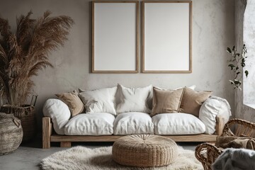 Minimalistic Frame Mockup in Cozy Neutral Living Room with Plush Sofa and Soft Lighting
