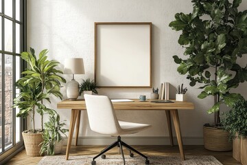 Fototapeta premium Comfortable and Cozy Home Office Interior with Frame Mockup, Wooden Desk, Office Chair, Plants, and Rug