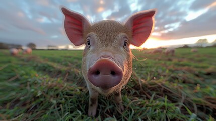 A curious piglet stands in a grassy field at sunrise, its pink ears perked up and its snout pointed towards the camera, with other pigs grazing in the background