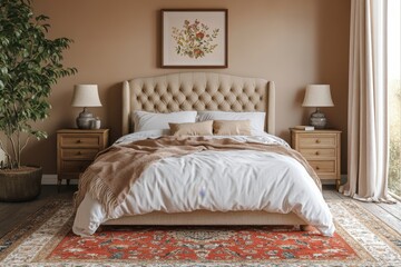 Obraz premium Modern Cozy Bedroom Interior with Frame Mockup, Tufted Headboard, and Neutral Decor