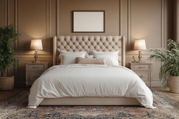 Cozy Bedroom Interior with Frame Mockup, Tufted Headboard, and Warm Neutral Decor Elements
