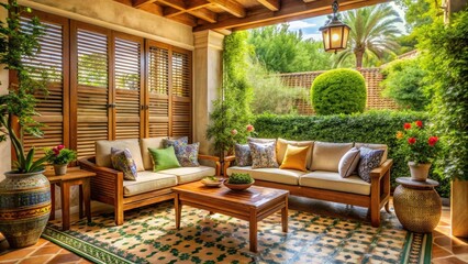 Fototapeta premium warm summer afternoon patio comfortable outdoor seating area surrounded by lush greenery with wooden shutters and vibrant colorful decorative tiles