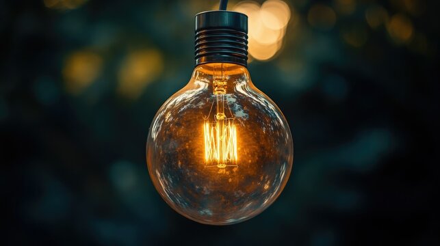 A close-up of a light bulb in a lamp fixture, with reflections and shadows playing on the surface of the glass, creating a warm and inviting light. -