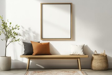 Inviting Entryway with Frame Mockup, Wooden Bench, Pillows, Woven Basket, and Rug