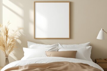 Serene Guest Bedroom with Frame Mockup above Comfortable Bed, Soft Bedding, and Bedside Lamps