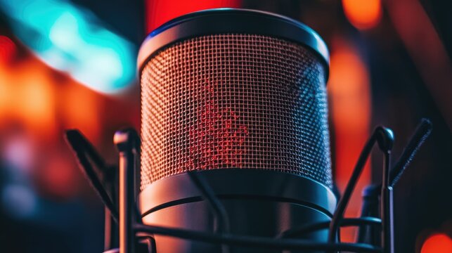 A close-up of a microphone covered with a pop filter, with a focus on the mesh and the clear sound quality it ensures, emphasizing the technical aspect of recording.