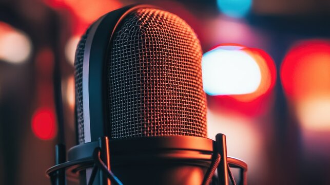 A close-up of a microphone covered with a pop filter, with a focus on the mesh and the clear sound quality it ensures, emphasizing the technical aspect of recording.